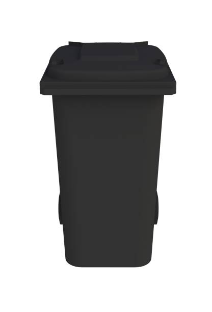 istock Front view of black garbage wheelie bin with a closed lid on a white background, 3D rendering 841184552
