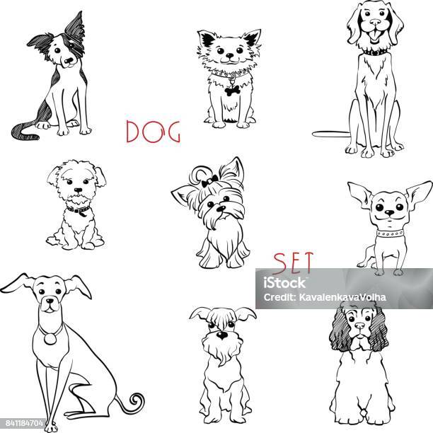 Set Black And White Dogs Stock Illustration - Download Image Now - Dog, Yorkshire Terrier, Black And White