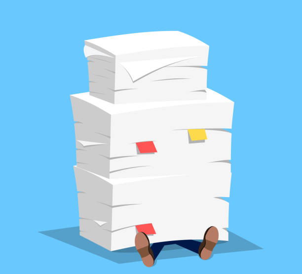 ilustraciones, imágenes clip art, dibujos animados e iconos de stock de empresario bajo la pila de papel, - document paper paperwork buried