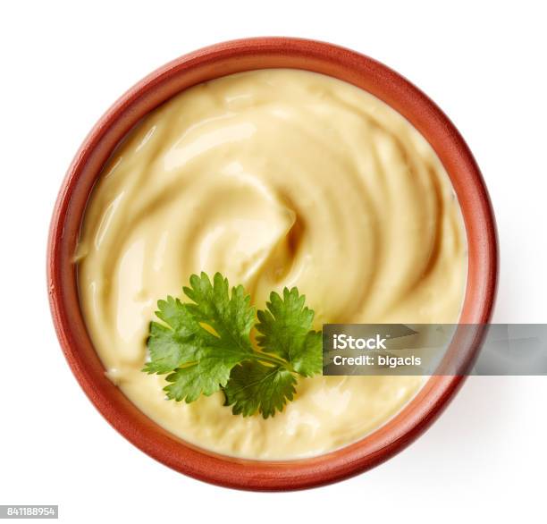 Bowl Of Mayonnaise Isolated On White From Above Stock Photo - Download Image Now - Above, Ramekin, Aioli