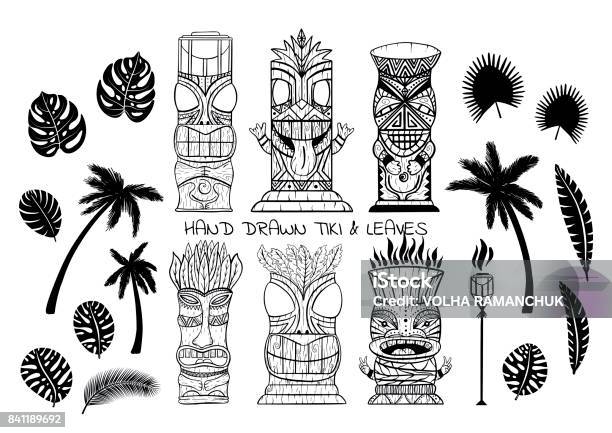 Holz Polynesischen Tiki Götzen Götterstatue Schnitzerei Fackel Palmen Tropische Blätter Stock Vektor Art und mehr Bilder von Bambusfackel