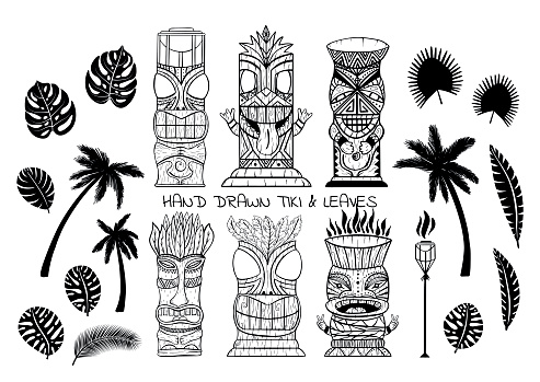Wood Polynesian Tiki idols, gods statue carving, torch, palm trees, tropical leaves.