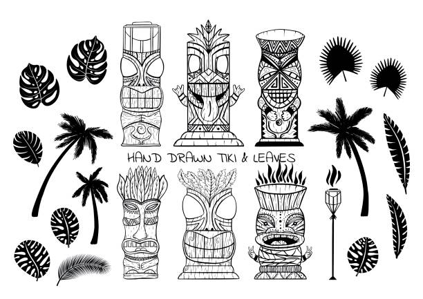 Wood Polynesian Tiki idols, gods statue carving, torch, palm trees, tropical leaves. Wood Polynesian Tiki idols, gods statue carving, torch, palm trees, tropical leaves. Line art vector illustration set. tiki torch stock illustrations