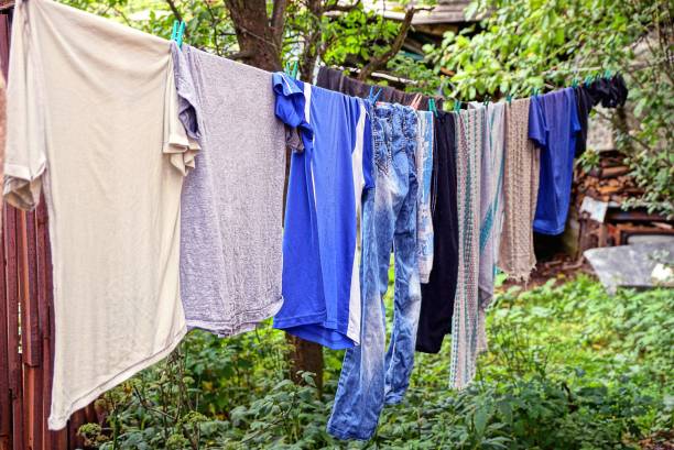 istock wet clothes hanging in the yard 841192658