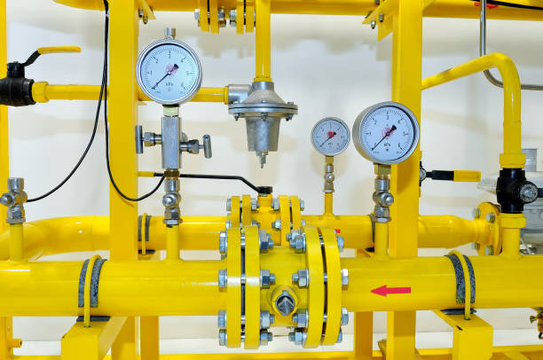 Pressure meters on natural gas pipeline Pressure meters on natural gas pipeline. gauge pressure gauge pipe valve stock pictures, royalty-free photos & images