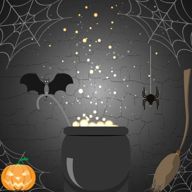 иллюстрация плаката хэллоуина с метлой, волшебным котлом, пауком, летучей мышью, сеткой, тыквой на треснувшей фоне. - kitchen utensil gourd pumpkin magical equipment stock illustrations