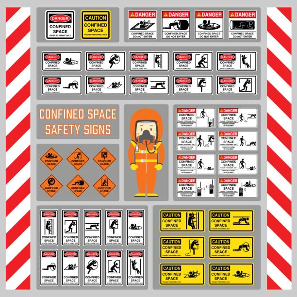 illustrazioni stock, clip art, cartoni animati e icone di tendenza di set di segnali di sicurezza e simboli di spazio confinato, segnali e simboli da utilizzare come avviso di sicurezza e regolazione nell'area dello spazio confinato, sistema rope buddy - confined space safety danger sign