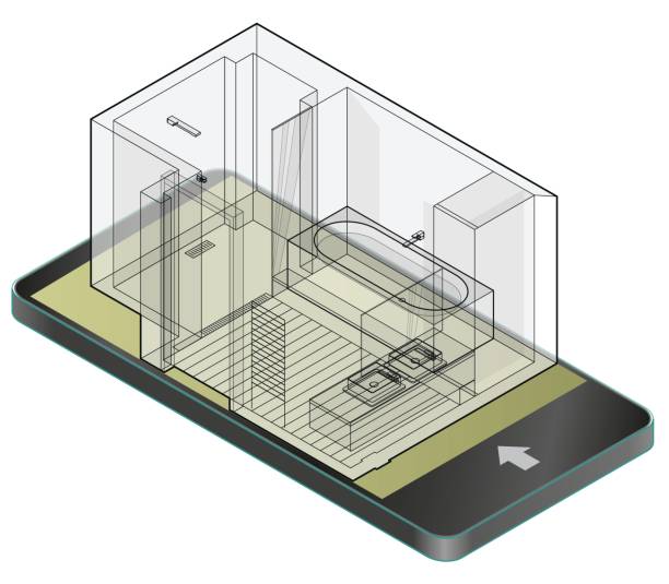 łazienka z drewnianą podłogą w telefonie komórkowym. izometryczna obudowa prysznicowa z drutu. - isolated telephone construction white background stock illustrations