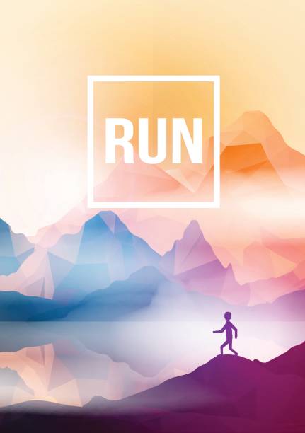 Runner on Geometric Mountain Background - Vector Illustration vector art illustration