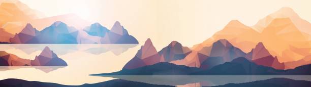 Geometric Coast Mountains and Sunset Background Panorama - Vector Illustration vector art illustration