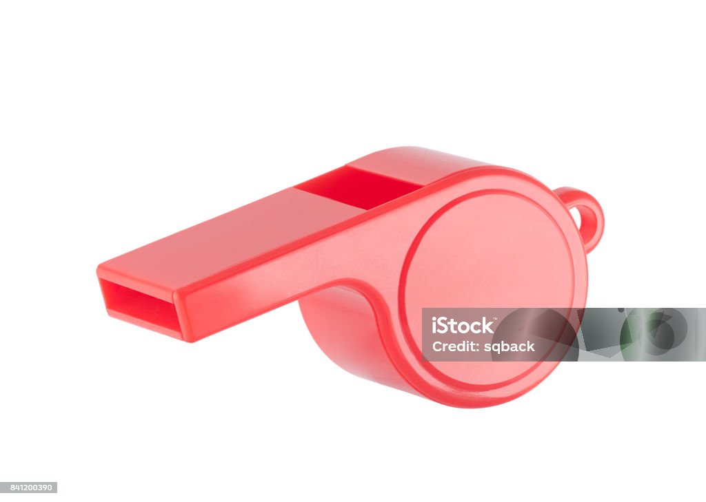 Red plastic whistle on a white background with clipping path Whistle Stock Photo