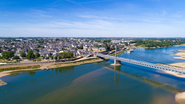 Aerial photo of Ancenis Bretagne Anjou suspension bridge stock photo