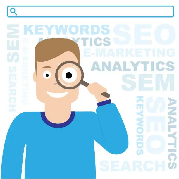 Vector illustration of SEO optimization. Sem and e-marketing. The guy is holding a magnifying glass. Flat illustration