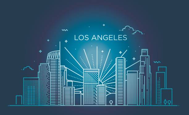 ilustrações de stock, clip art, desenhos animados e ícones de banner of los angeles city in flat line trendy style. los angeles city line art. - hollywood california skyline city of los angeles panoramic