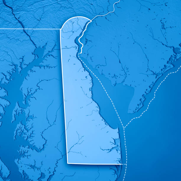 delaware state usa 3d-render topographische karte blau umrandet - mid atlantic bundesstaaten der usa stock-fotos und bilder