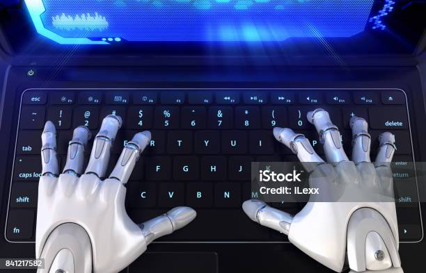 Manos Del Robot Digitar En El Teclado Foto de stock y más banco de imágenes de Robot - Robot, Mecanografiar, Inteligencia artificial