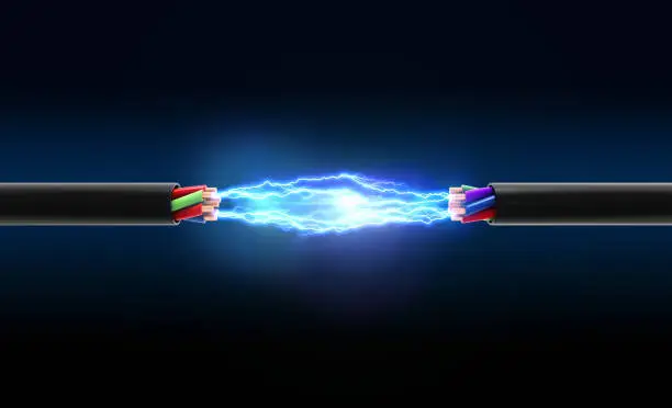 Electrical spark between two wires. 3D illustration