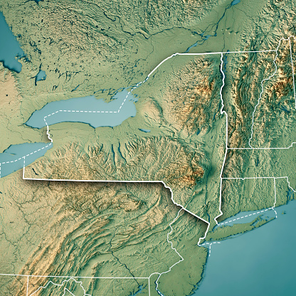 3D Render of a Topographic Map of the State of New York, USA.\nAll source data is in the public domain.\nColor texture: Made with Natural Earth. \nhttp://www.naturalearthdata.com/downloads/10m-raster-data/10m-cross-blend-hypso/\nBoundaries Level 1: USGS, National Map, National Boundary Data.\nhttps://viewer.nationalmap.gov/basic/#productSearch\nRelief texture and Rivers: SRTM data courtesy of USGS. URL of source image: \nhttps://e4ftl01.cr.usgs.gov//MODV6_Dal_D/SRTM/SRTMGL1.003/2000.02.11/\nWater texture: SRTM Water Body SWDB:\nhttps://dds.cr.usgs.gov/srtm/version2_1/SWBD/