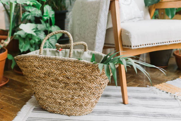 Straw bag with palm leaves