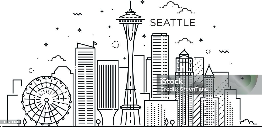 Banner of Seattle city in flat line trendy style. Seattle city line art. Minimal Seattle City Linear Skyline. Thin style Seattle stock vector
