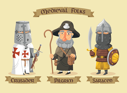 Medieval crusades set: a pilgrim on his way to Jerusalem, a templar knight and a saracen soldier,both in heavy armor.