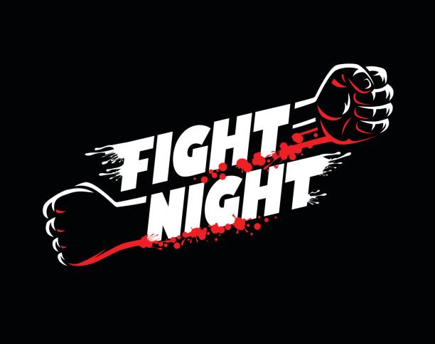 Fight night lettering fists clenched mma cage boxing karate blood spatter on dark background isolated Fight night mma, wrestling, fist boxing championship for the belt event poster icon template with lettering punch stock illustrations