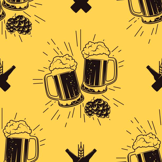 ilustraciones, imágenes clip art, dibujos animados e iconos de stock de patrón sin fisuras con tintineantes vasos de cerveza, ilustración vectorial - beer backgrounds alcohol glass
