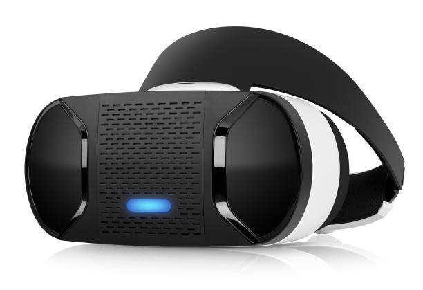 vr-virtual-reality-kopfhörer hälfte drehte vorderansicht auf weißem hintergrund - head mounted display stock-fotos und bilder