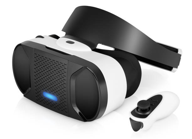 vr-virtual-reality-kopfhörer mit gamecontroller auf weißem hintergrund - head mounted display stock-fotos und bilder