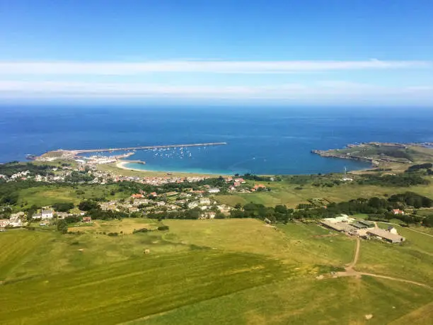 Aerial view of Braye harbour in Alderney