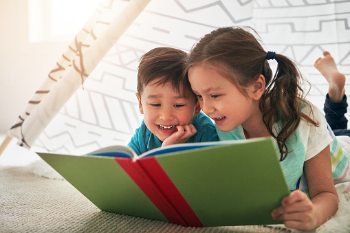 Shot of two adorable young siblings reading a book together at home