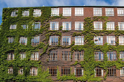 Facade of red brick Building with multiple Windows, Copenhagen, Europe
