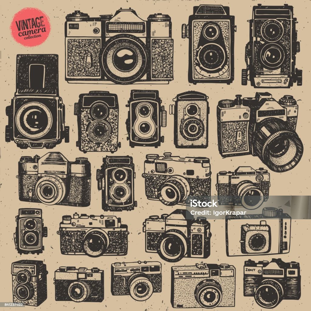 Hand drawing retro an vintage photo cameras in isolated vector big collection Camera - Photographic Equipment stock vector