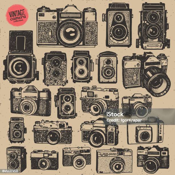 Hand Drawing Retro An Vintage Photo Cameras In Isolated Vector Big Collection Stock Illustration - Download Image Now