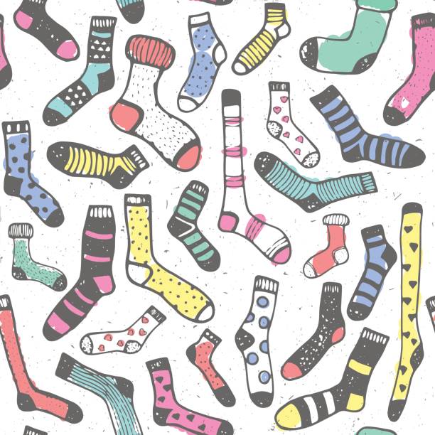 ilustraciones, imágenes clip art, dibujos animados e iconos de stock de dibujo de patrones sin fisuras de calcetines de lana colorido doodle para fondo impresión a mano - sock wool multi colored isolated