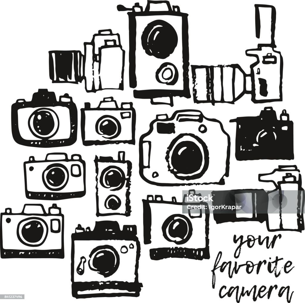 Photo camera hand drawing grunge doodle collection set Camera - Photographic Equipment stock vector