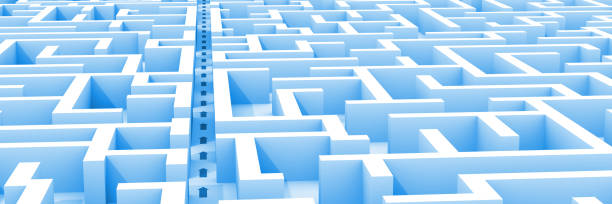 istock huge blue maze structure, blue arrows showing shortcut through the maze garden 841237526