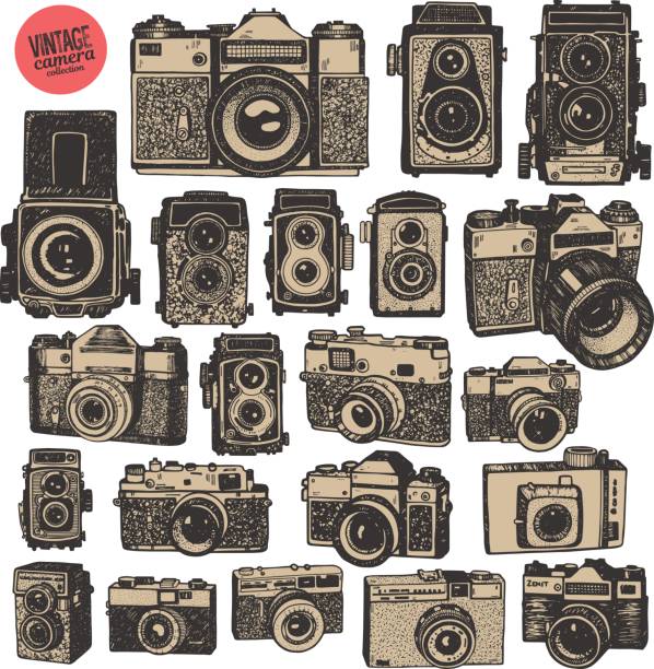 Hand drawing retro photo cameras.  Big graphic isolated objects of vector set Hand drawing retro photo cameras.  Big graphic isolated objects of vector set vintage video camera stock illustrations