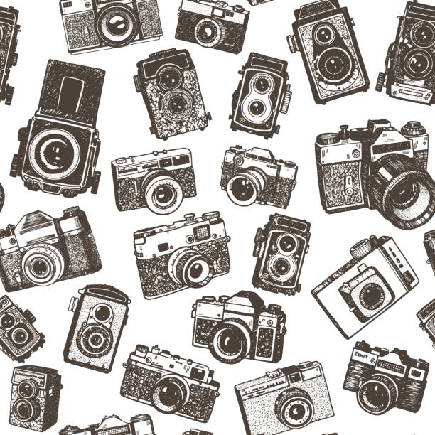 stockillustraties, clipart, cartoons en iconen met hand tekenen retro foto camera's naadloze patroon achtergrond - print fotos