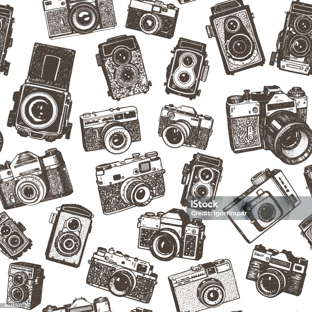Hand drawing retro photo cameras seamless pattern background Camera - Photographic Equipment stock vector