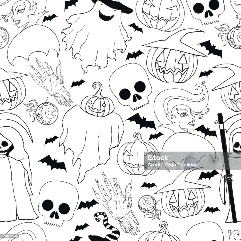 Black and white seamless Halloween pattern.Vampire girl, ghost,pumpkin in a hat, zombie hand, bat, death with a scythe,cartoon sketch style Black and white seamless Halloween pattern.Vampire girl, ghost,pumpkin in a hat, zombie hand, bat, death with a scythe,cartoon sketch style.Vector hand drawn illustration. Art stock vector