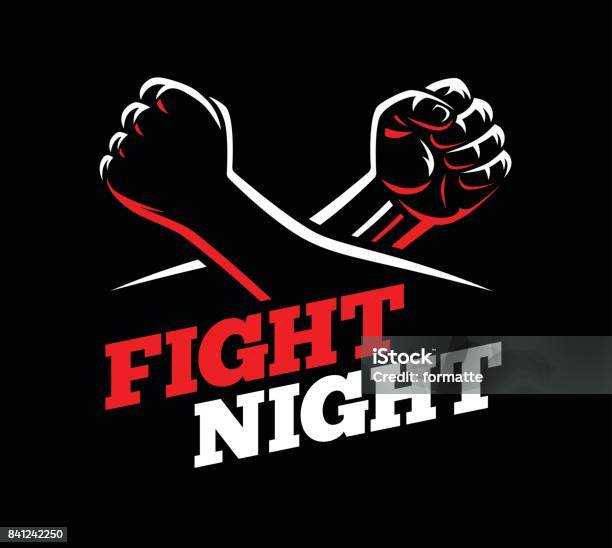 Vector Clenched Fists Fight Mma Kick Boxing Karate Sport Night Cage Show Illustration On Dark Background Stock Illustration - Download Image Now