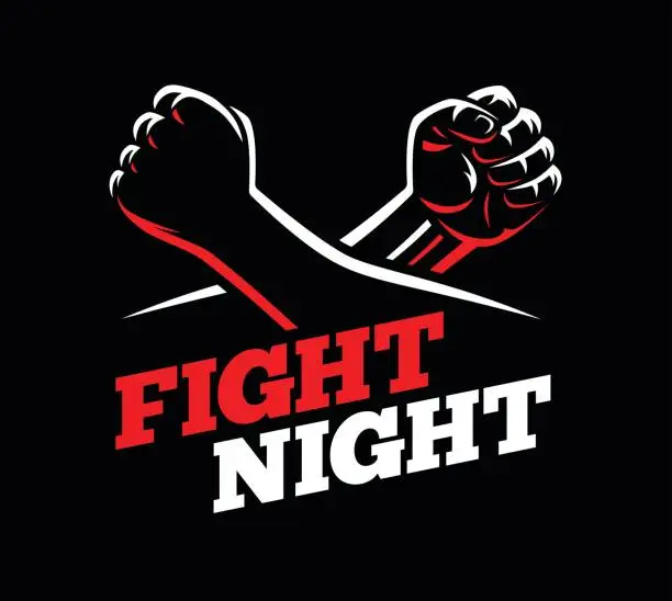 Vector illustration of Vector clenched fists fight MMA, kick boxing, karate sport night cage show illustration on dark background.