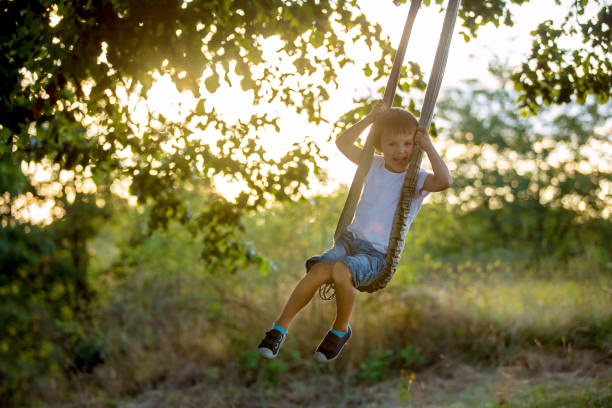 istock Cute child, boy, having fun on a swing in the backyard 841244790