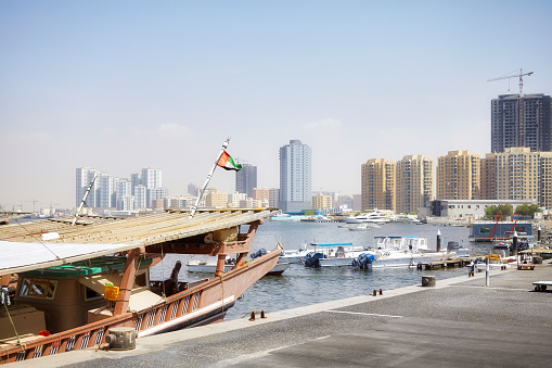 Boats at Ajman harbor, United Arab Emirates.
