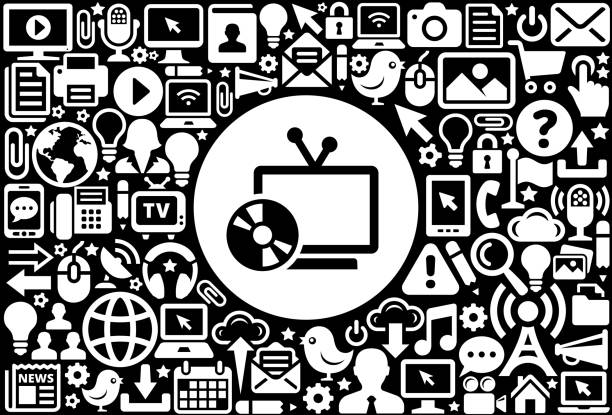 телевидение и диск значок черно-белый интернет технологии фон - announcement message the media television bird stock illustrations