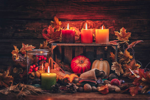 istock Autumn Decoration Background with Candles, Pumpkins, Leafs and Nuts 841254438