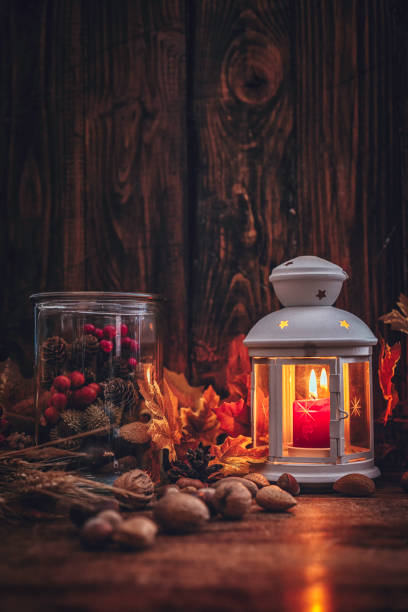 istock Autumn Decoration Background with Candles, Pumpkins, Leafs and Nuts 841254440