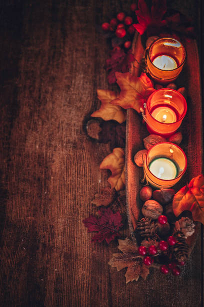 istock Autumn Decoration Background with Candles, Pumpkins, Leafs and Nuts 841254452