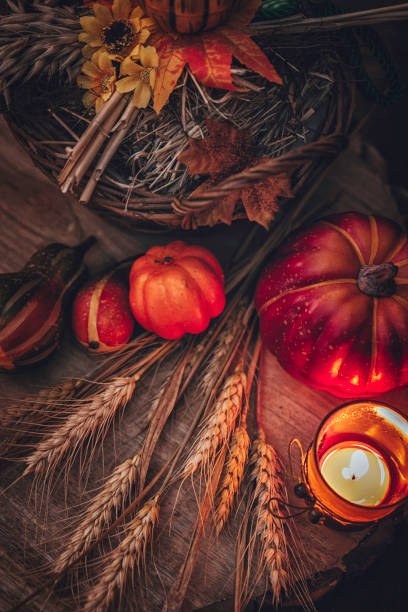 istock Autumn Decoration Background with Candles, Pumpkins, Leafs and Nuts 841254458